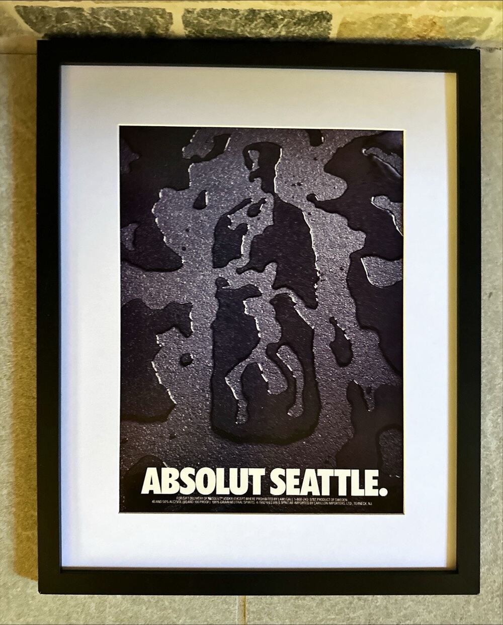 Framed Vintage Absolut Seattle Vodka Bottle Print Ad 1990